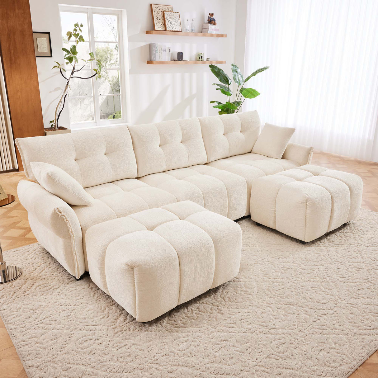 Sofa Set With Ottoman And Pillows, Textured, High Resilience Cushions