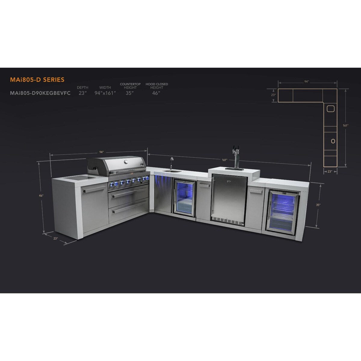 Mont Alpi Deluxe Series 8 Ft L-Shaped Propane Outdoor Kitchen Island w/ Side Burner, Beverage Center, Fridge, & Kegerator - MAi805-D90KEGBEVFC