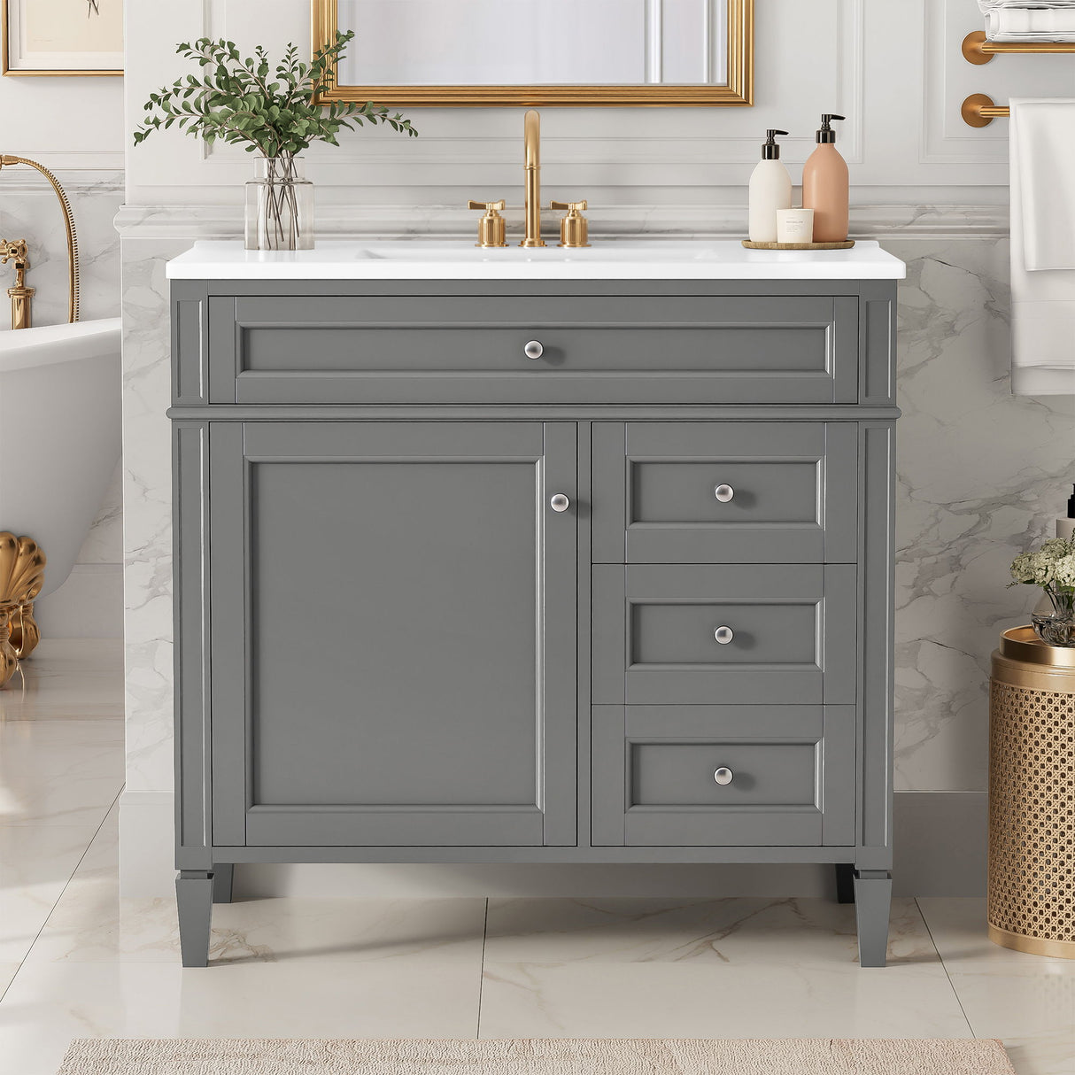 Bathroom Vanity With Top Sink, 2 Drawers, Tip Out Drawer