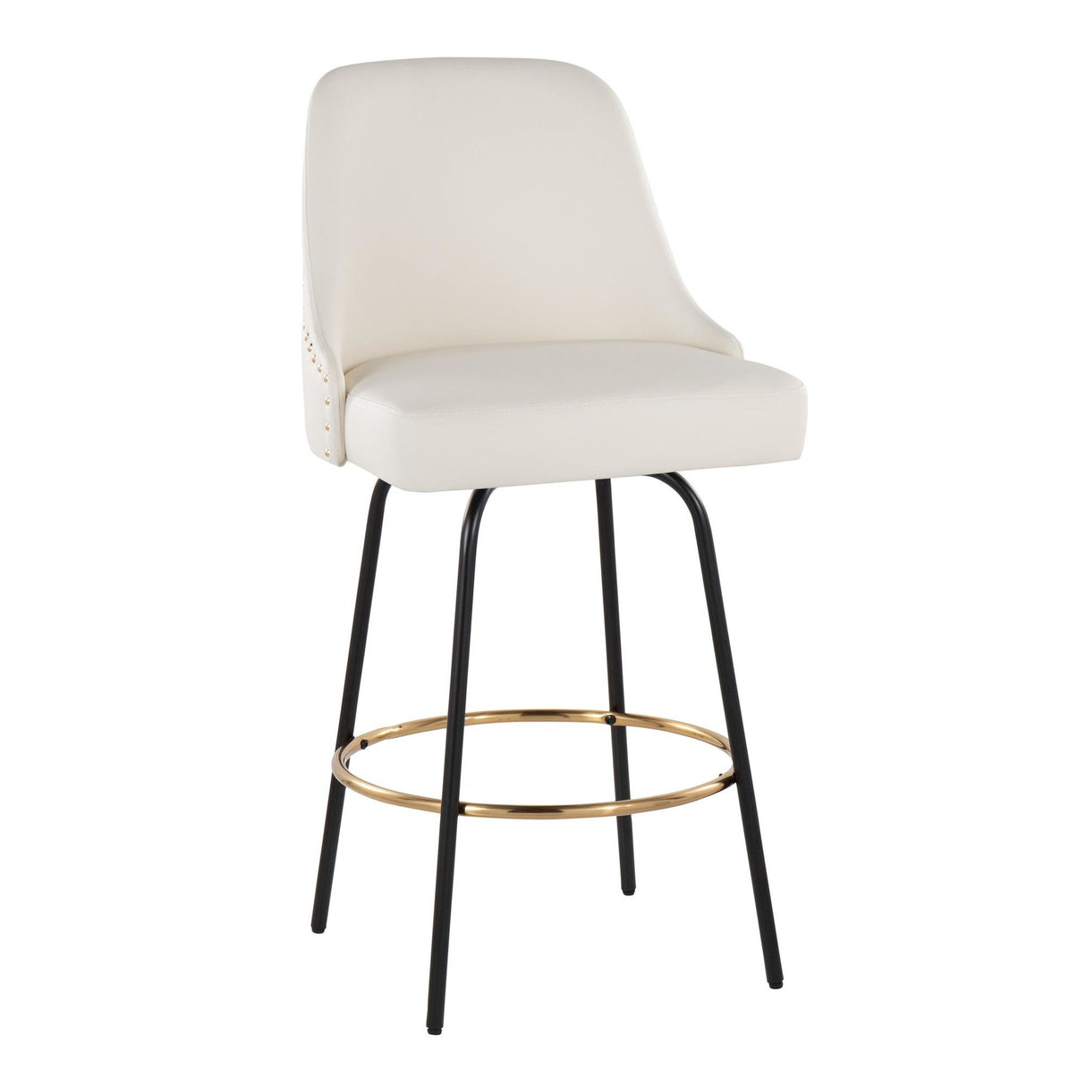 Studded - Marcel Fixed-Height Counter Stool (Set of 2) - Black Metal, White Faux Leather, Gold Metal