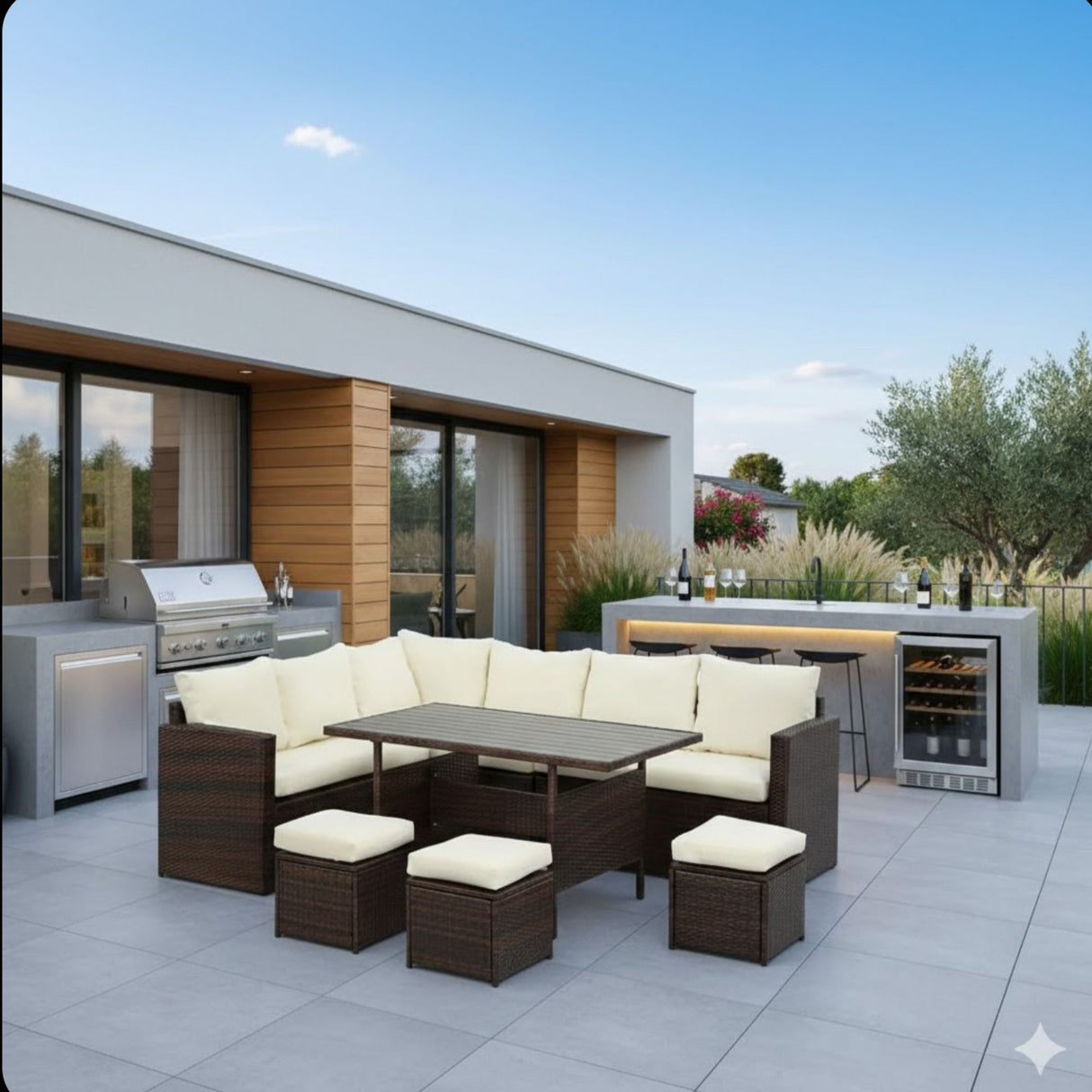 7 Piece Outdoor Dining Set With Cushions, Modular Sectional Sofa And Table