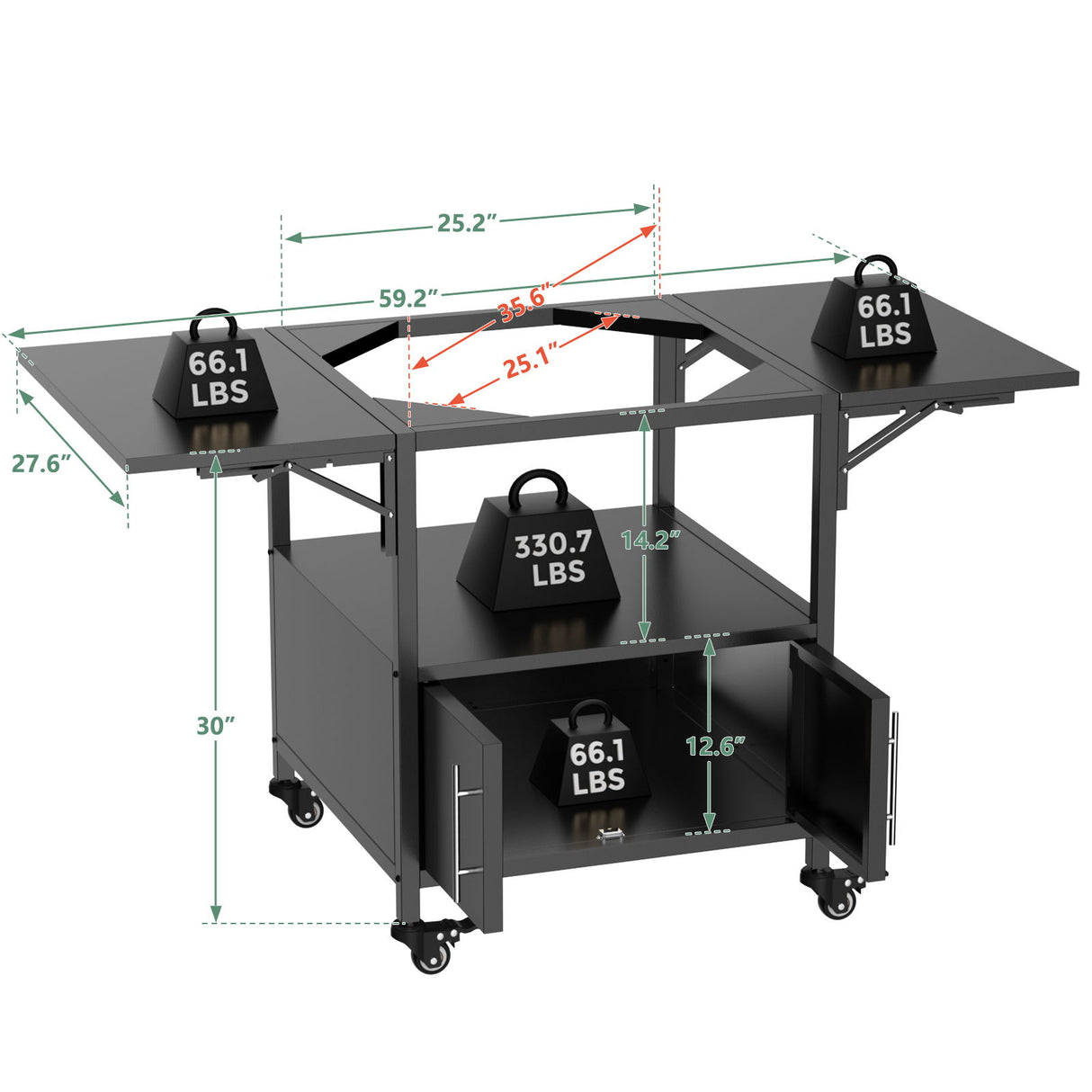 Outdoor Grill Table For Big Egg Style Bbq Metal Grill Cart With 2 Folding Panels Metal - Black