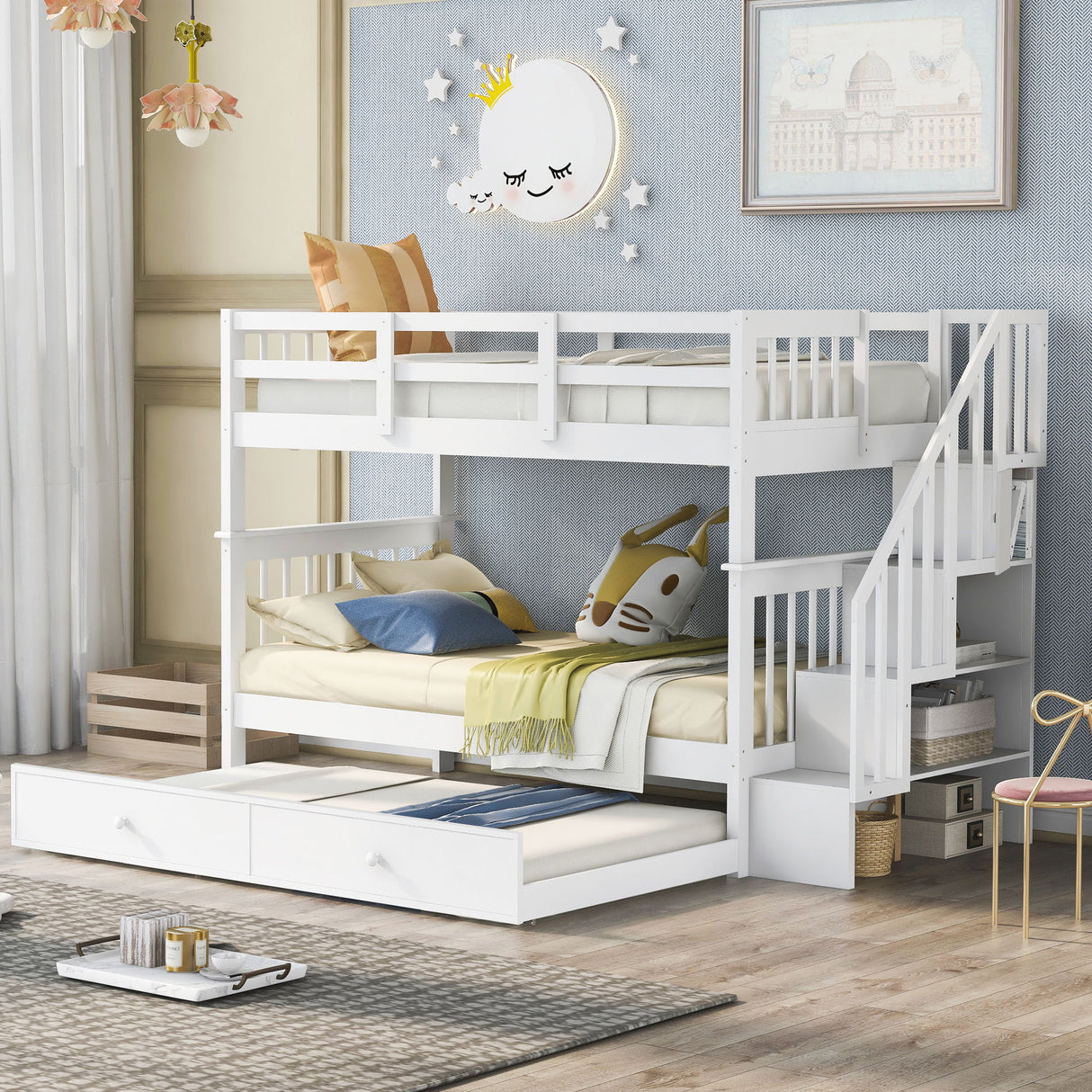 Stairway Bunk Bed & Storage And Guard Rail For Bedroom