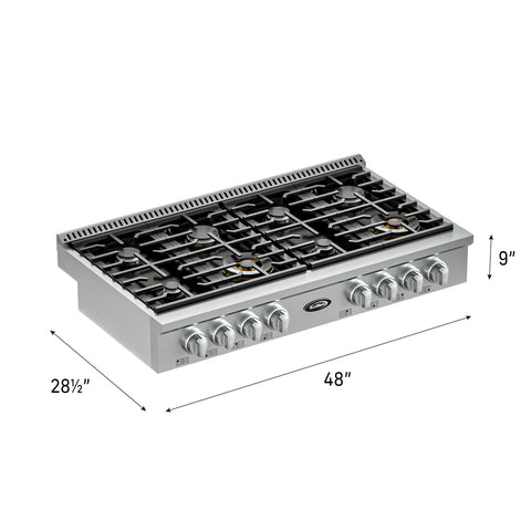 48 in Gas Range-Top with 8 Sealed Italian Burners and Stainless-Steel Stovetop Knobs.