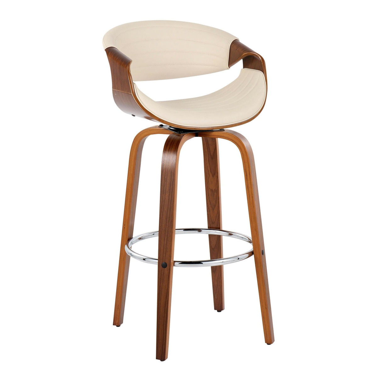 Curvo - 30" Fixed-Height Barstool With Swivel And Round Chrome Metal Footrest (Set of 2) - Walnut Wood
