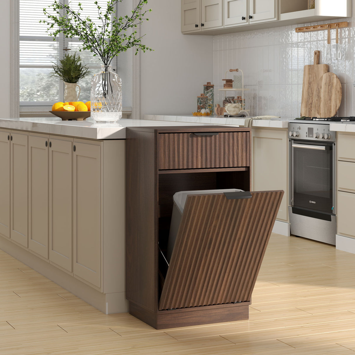 Tilt Out Trash Can Cabinet With Wave Textured Drawer & Pull Out Bin