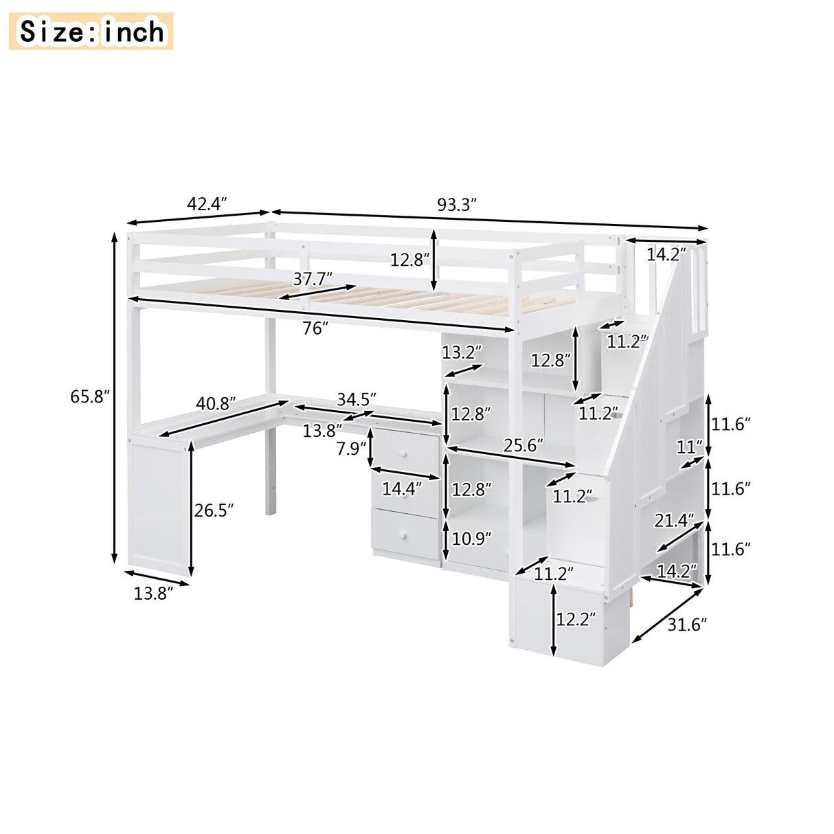 Loft Bed With L Shaped Desk, Drawers, Cabinet, And Storage Staircase