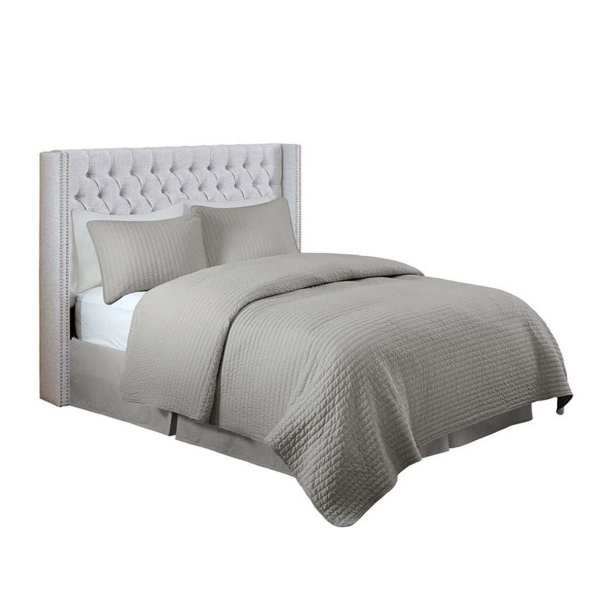 Queen Size Upholstery Headboard With Tufted Buttons And Nailhead Trim - Gray