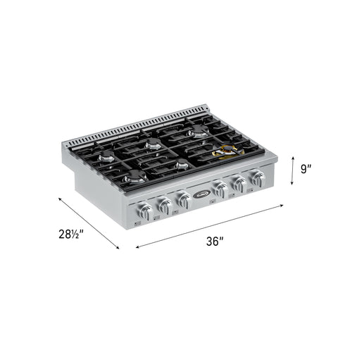 36 in Gas Range-Top with 6 Sealed Italian Burners and Stainless-Steel Stovetop Knobs.