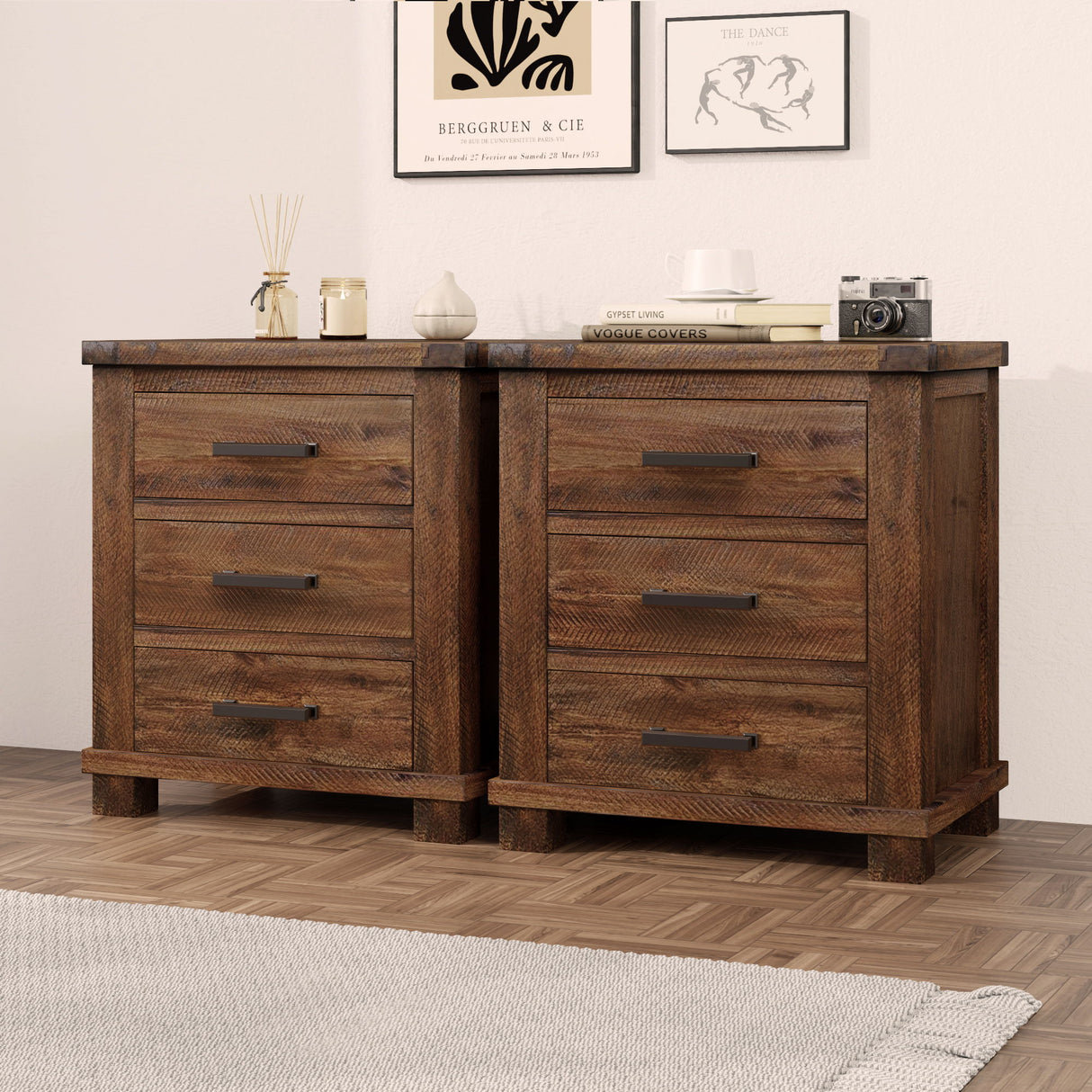 Rustic Farmhouse Nightstand (Set of 2) With 3 Drawers - Natural