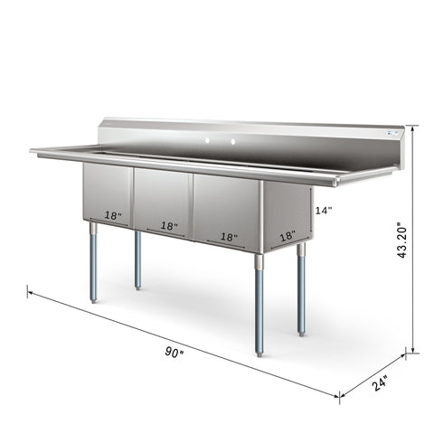90 in. Three Compartment Commercial Sink Bowl Size 18x18x14 18-Gauge Stainless-Steel with 2 Drainboards (KM-SC181814-18B3)