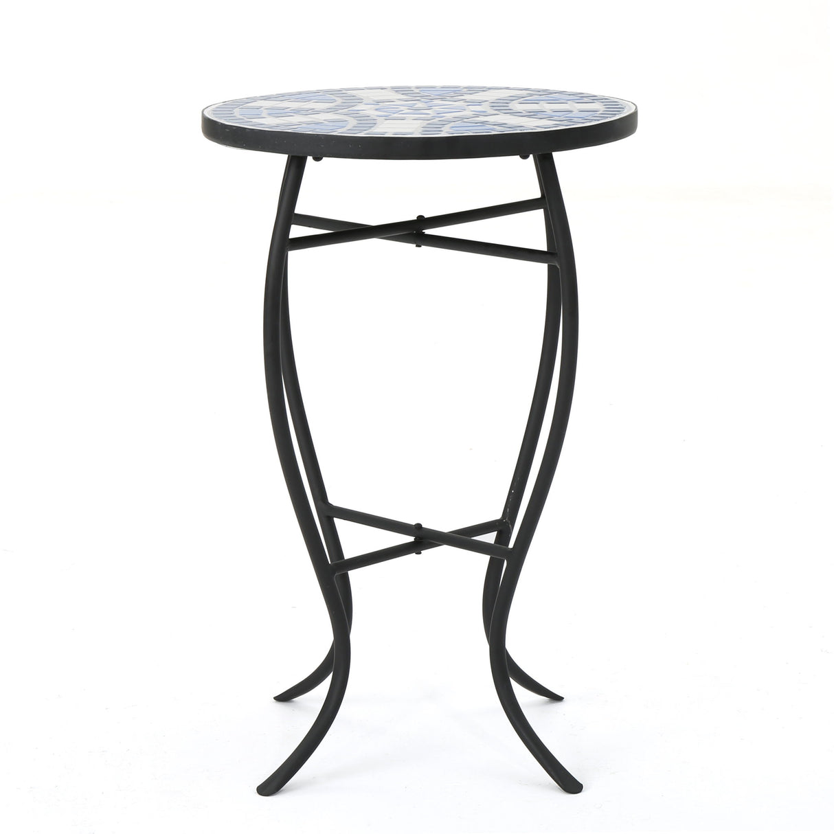 Outdoor Round Side Table With Mosaic Style Top And Curved Iron Legs - Blue / Matte Black