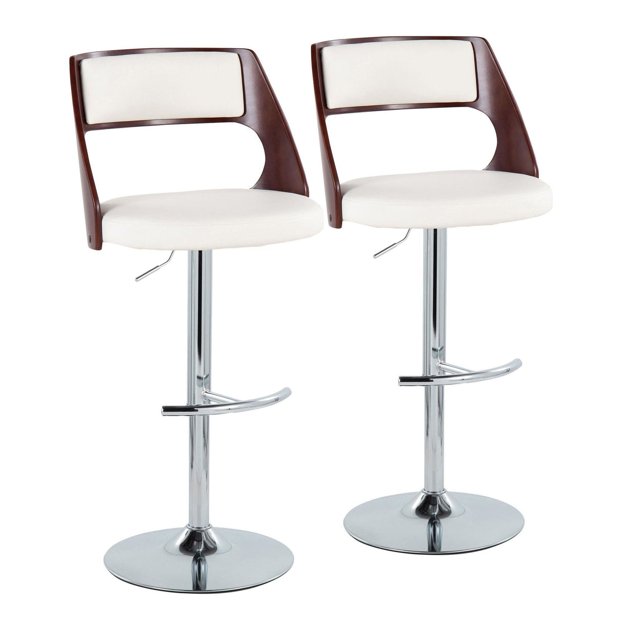 Cecina - Mid-Century Modern Adjustable Swivel Barstool (Set of 2) - Chrome Metal, Cherry Wood, And White Faux Leather With Rounded T Footrest