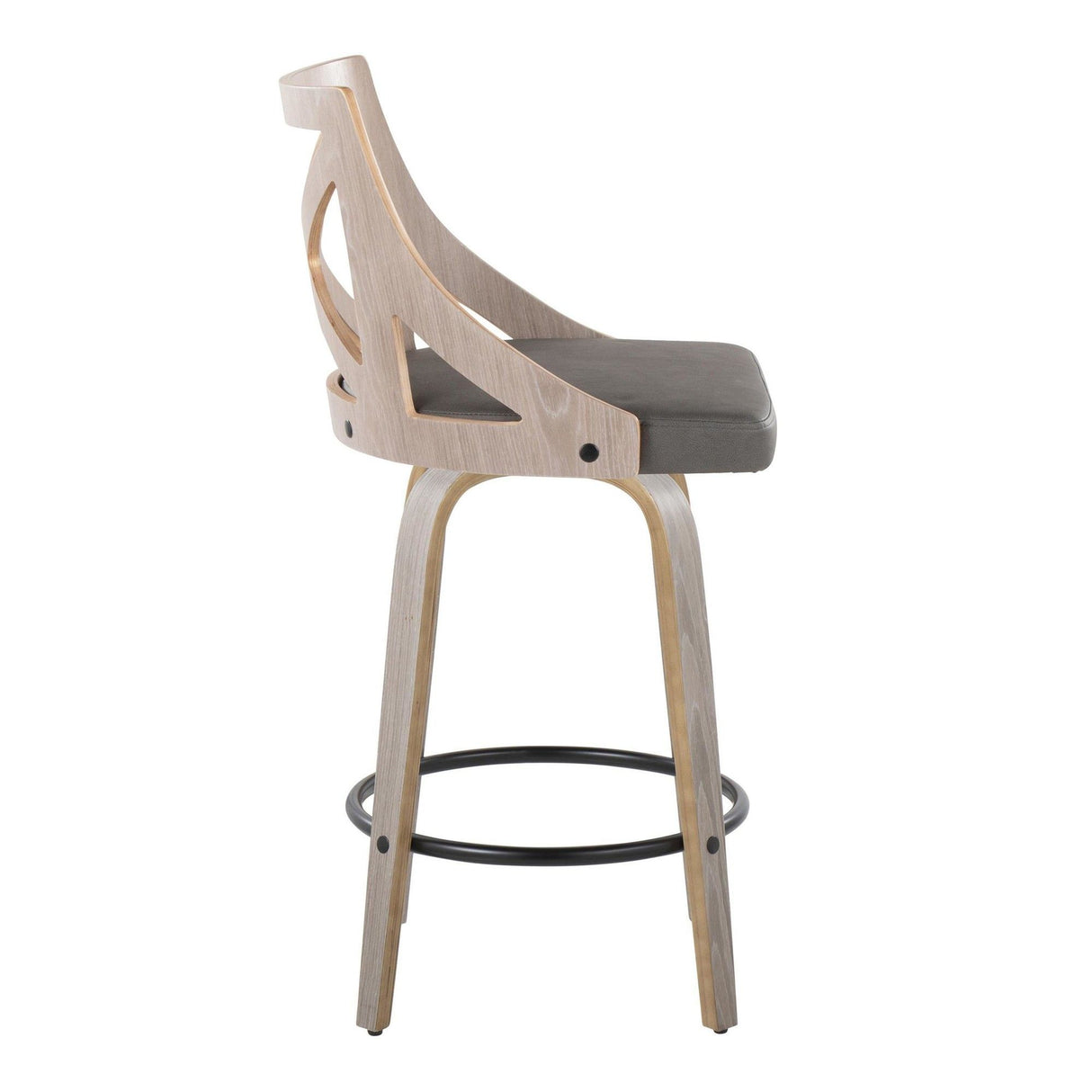 Charlotte - Farmhouse Fixed-Height Swivel Counter Stool (Set of 2) - Light Gray Wood And Gray Faux Leather With Round Black Metal Footrest