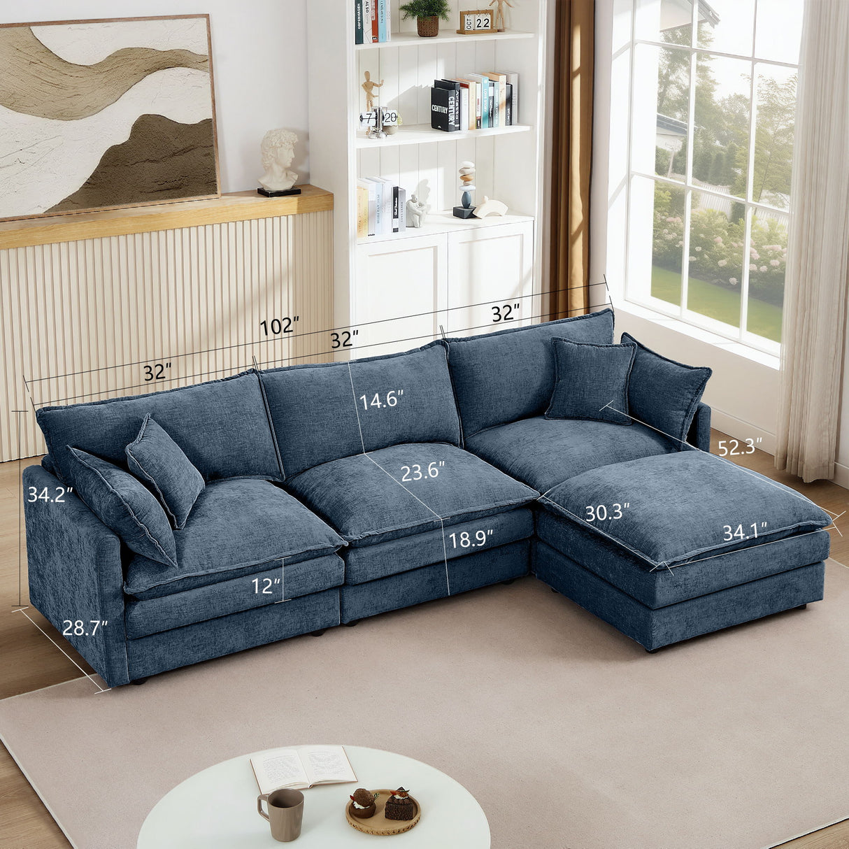 L Shaped Modular Sectional Sofa With Movable Ottoman, 3 Seater Comfortable Seating