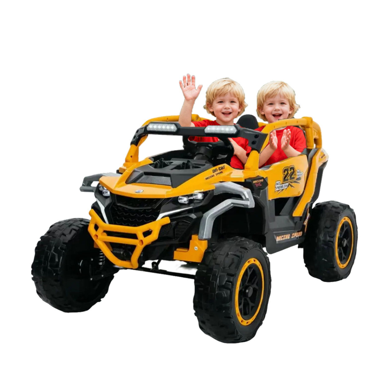 Ride On Models 12V Kids Electric Truck With Remote Control, Front & Rear Suspension, 2 Seater UTV, Flashlights & Music Player - Yellow / Black