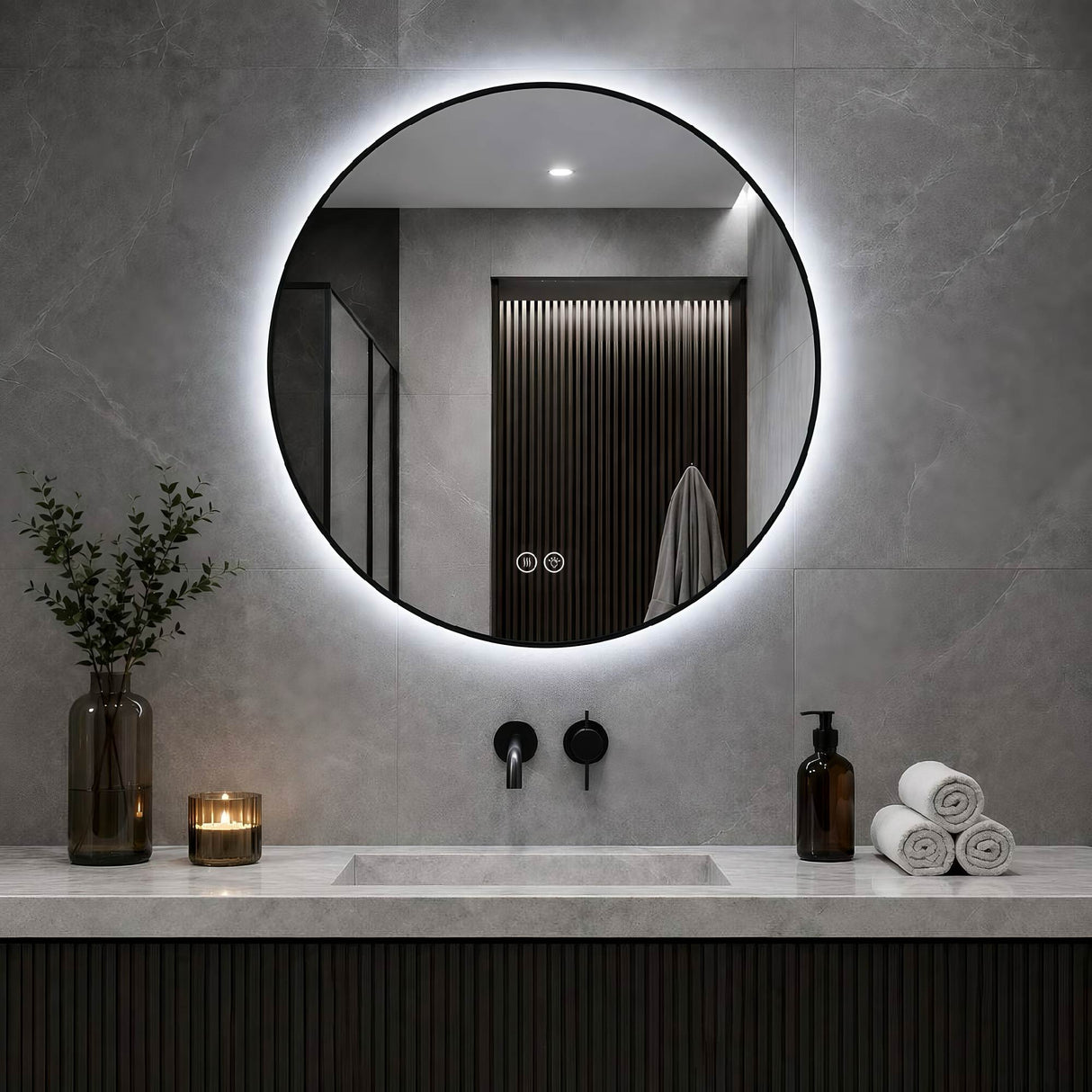 Round Framed Dimmable ED Bathroom Mirror With Anti Fog