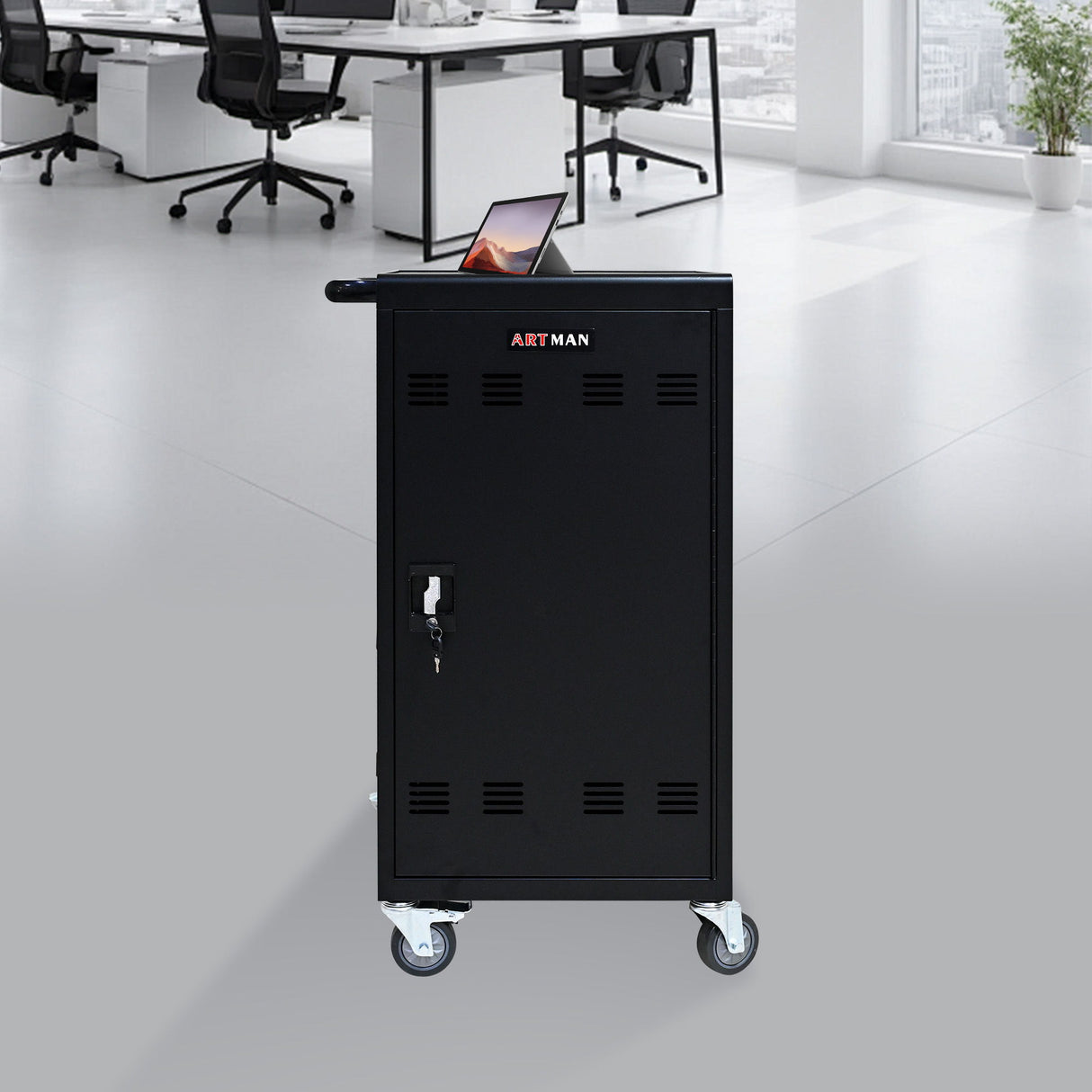 45 Bay Mobile School Charging Cart Station For Chromebook, Tablet And Laptop Computer With Power Strip Included - Black