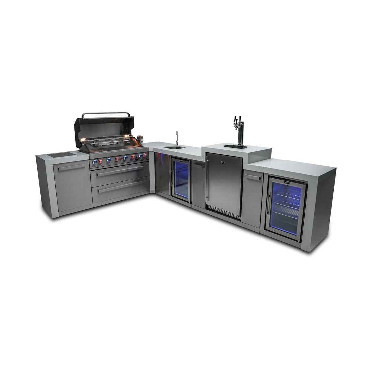 Mont Alpi Deluxe Series 8 Ft L-Shaped Propane Outdoor Kitchen Island w/ Side Burner, Beverage Center, Fridge, & Kegerator - MAi805-D90KEGBEVFC