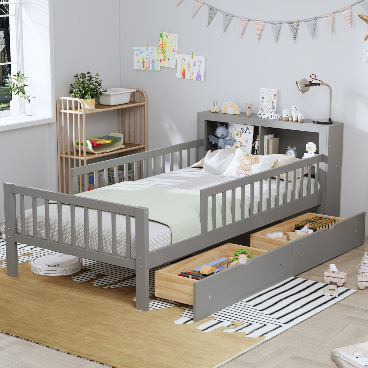 Twin Size Bed With Headboard Storage Rack, 2 Under Bed Drawers, 3 - Side Guardrails For Safety And Security - Gray