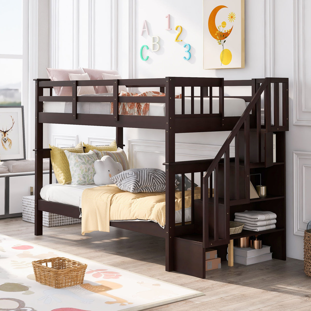 Stairway Bunk Bed With Storage And Guard Rail For Bedroom