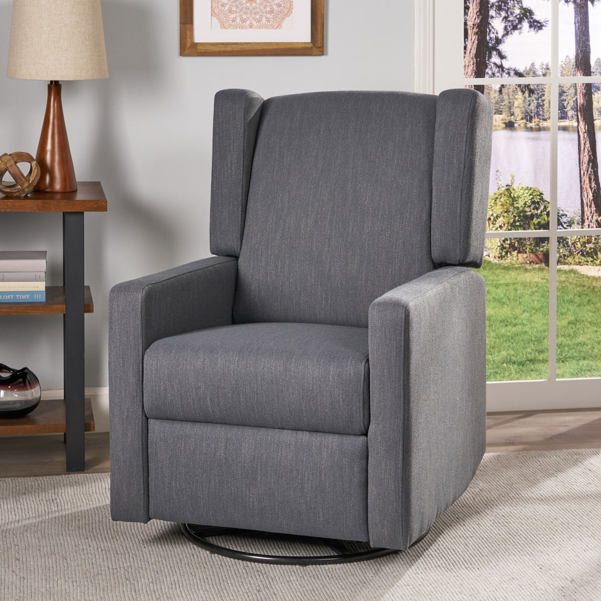 Landau - Contemporary Fabric Upholstered Swivel Recliner - Charcoal