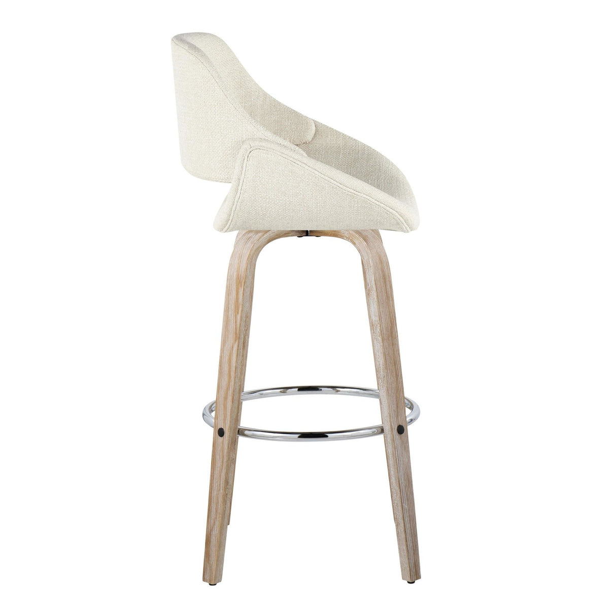Fabrizzi - 30" Fixed-Height Barstool With Swivel And Round Chrome Metal Footrest (Set of 2) - White Washed Wood And Cream Noise Fabric