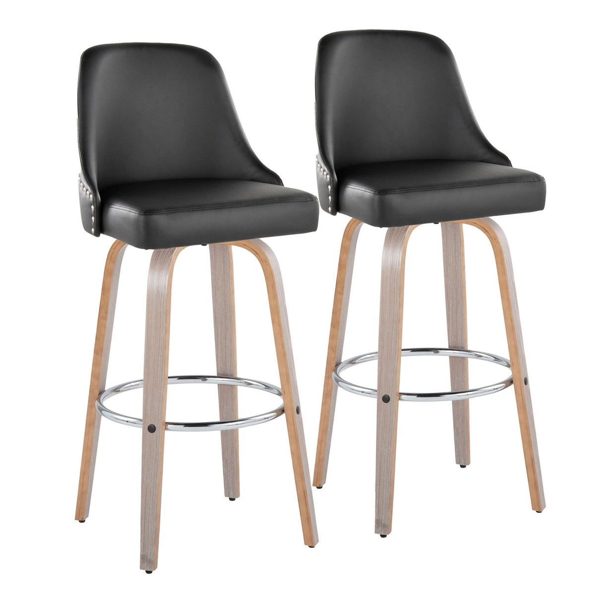 Studded - Marcel Fixed-Height Barstool (Set of 2) - Light Gray Wood, Black Faux Leather, Chrome Metal