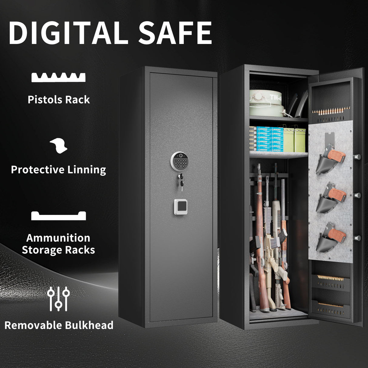 Gun Safes For Home Rifle And Pistols, Fingerprint Electronic Safe With Quick Access, Detachable Partition - Black