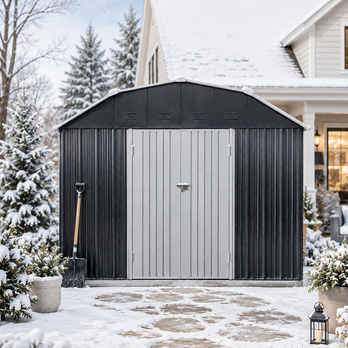 10 Ft X 12 Ft Outdoor Metal Storage Shed With Arch Roof With Lockable Doors For Backyard Garden Patio Lawn - Black