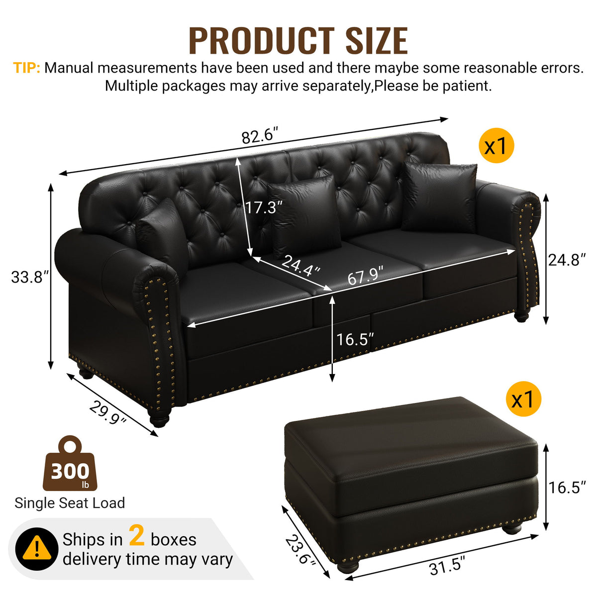 Upholstered Sofa With Nailhead Trim, Rolled Armrests With Ottoman
