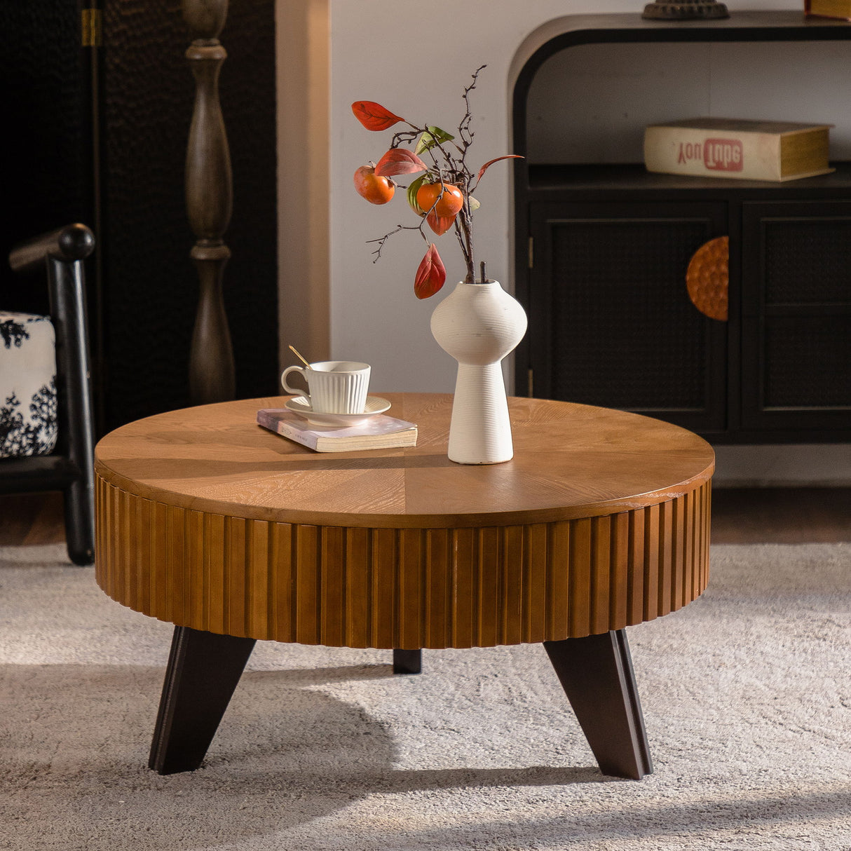 Round Retro Coffee With Solid Wood Legs