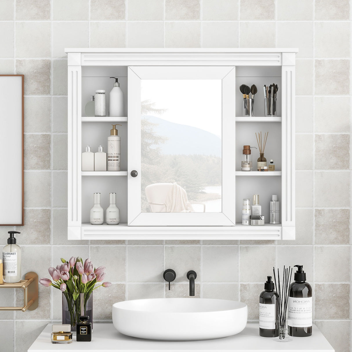 Wall Mounted Bathroom Storage Cabinet With Mirror, Cabinet With 6 Open Shelves And Adjustable Interior
