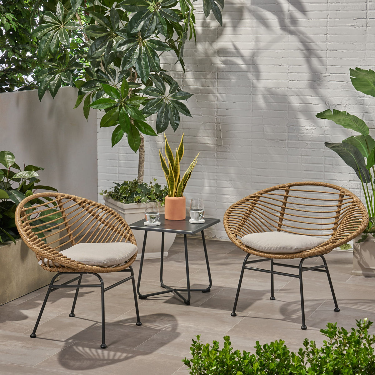 Cordella - Outdoor Woven Wicker Chairs With Cushions, (Set of 2)