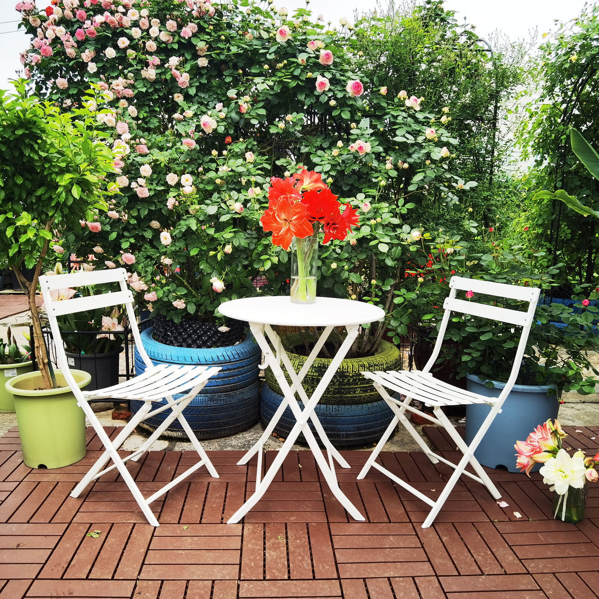 3 Piece Patio Bistro Set Of Foldable Round Table And Chairs