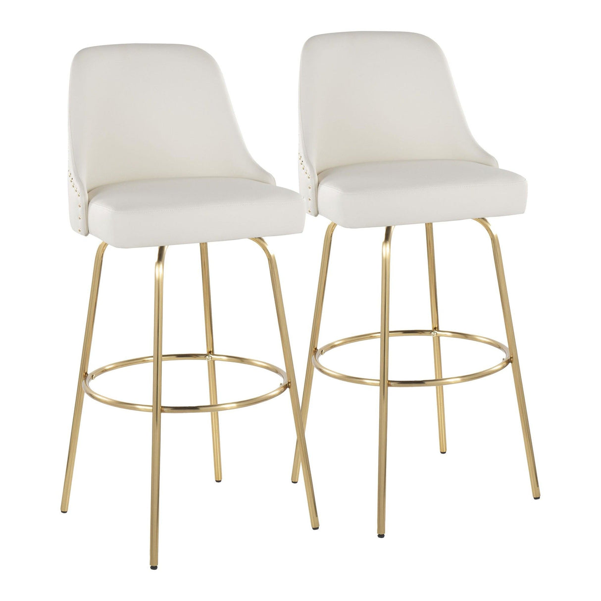 Marcel - 30" Fixed-Height Barstool With Swivel And Round Gold Metal Footrest (Set of 2) - Gold Metal And White Faux Leather With Gold Nailhead Trim