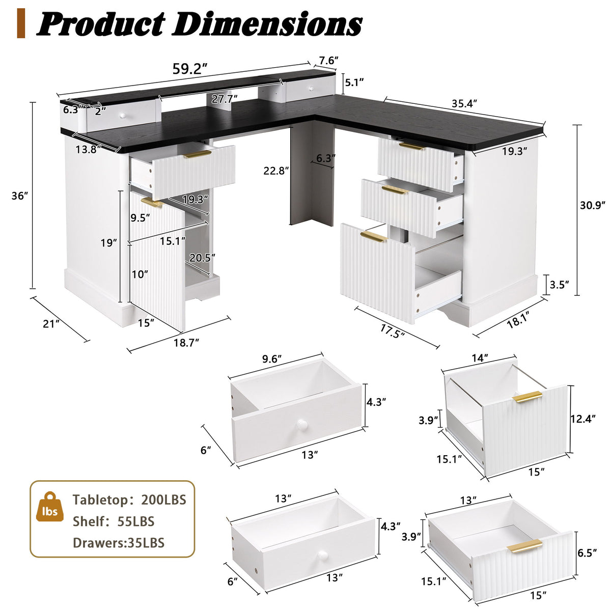 L-Shaped Desk With Charging Station & Storage Cabinet, Home Office Desk With Monitor Stand, File Drawer, Adjustable Shelf - White