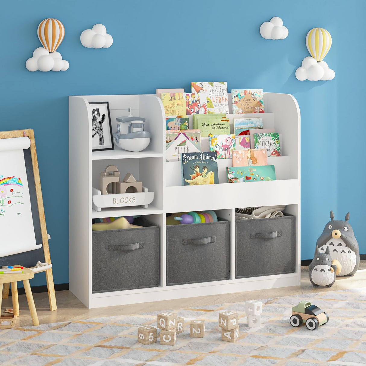 Bookcase And Bookshelf With 3 Collapsible Drawers, Multifunctional Display Stand