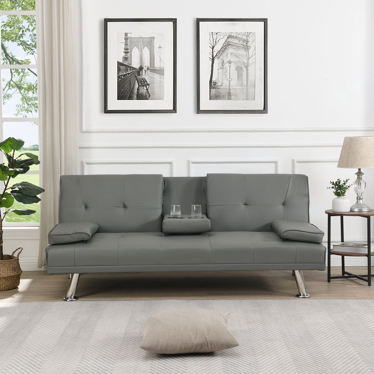 Modern Sofa Bed With Armrest 2 Holders, Wood Frame & Stainless Leg