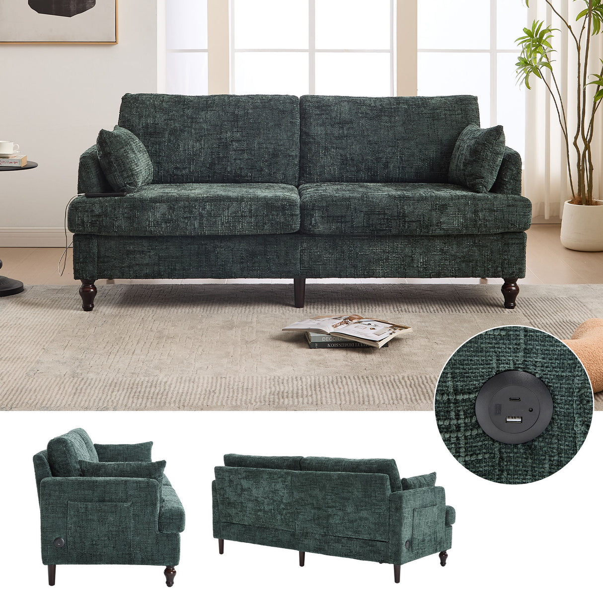 Chenille 2 Seater Sofa With LED Light, USB Charging Port, And Storage Bag