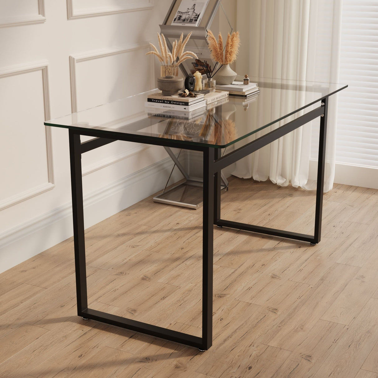 Modern Minimalist Rectangular Dining Table With Tempered Glass Top