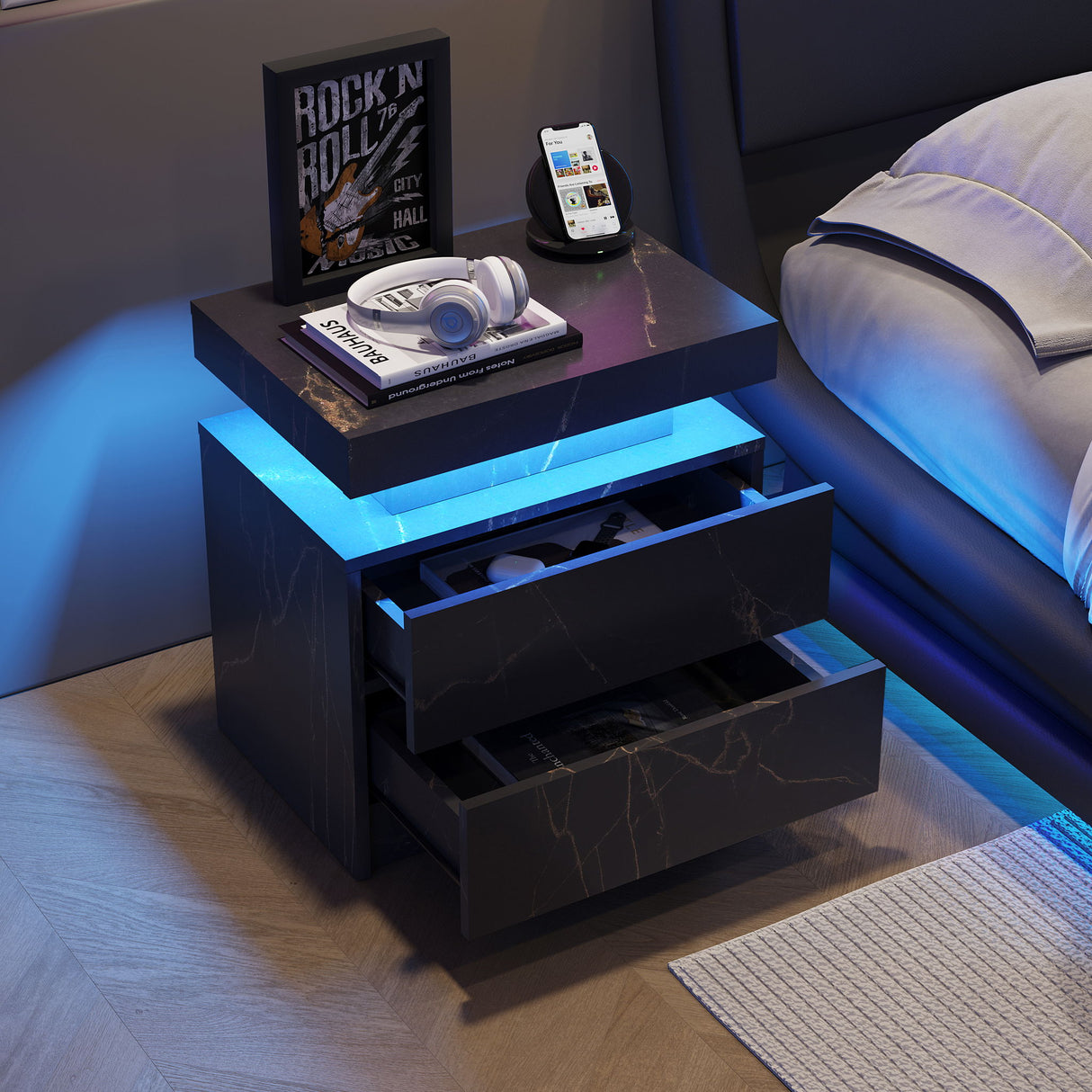 Nightstand LED, Bedside Table Cabinet With 2 Drawers For Bedroom