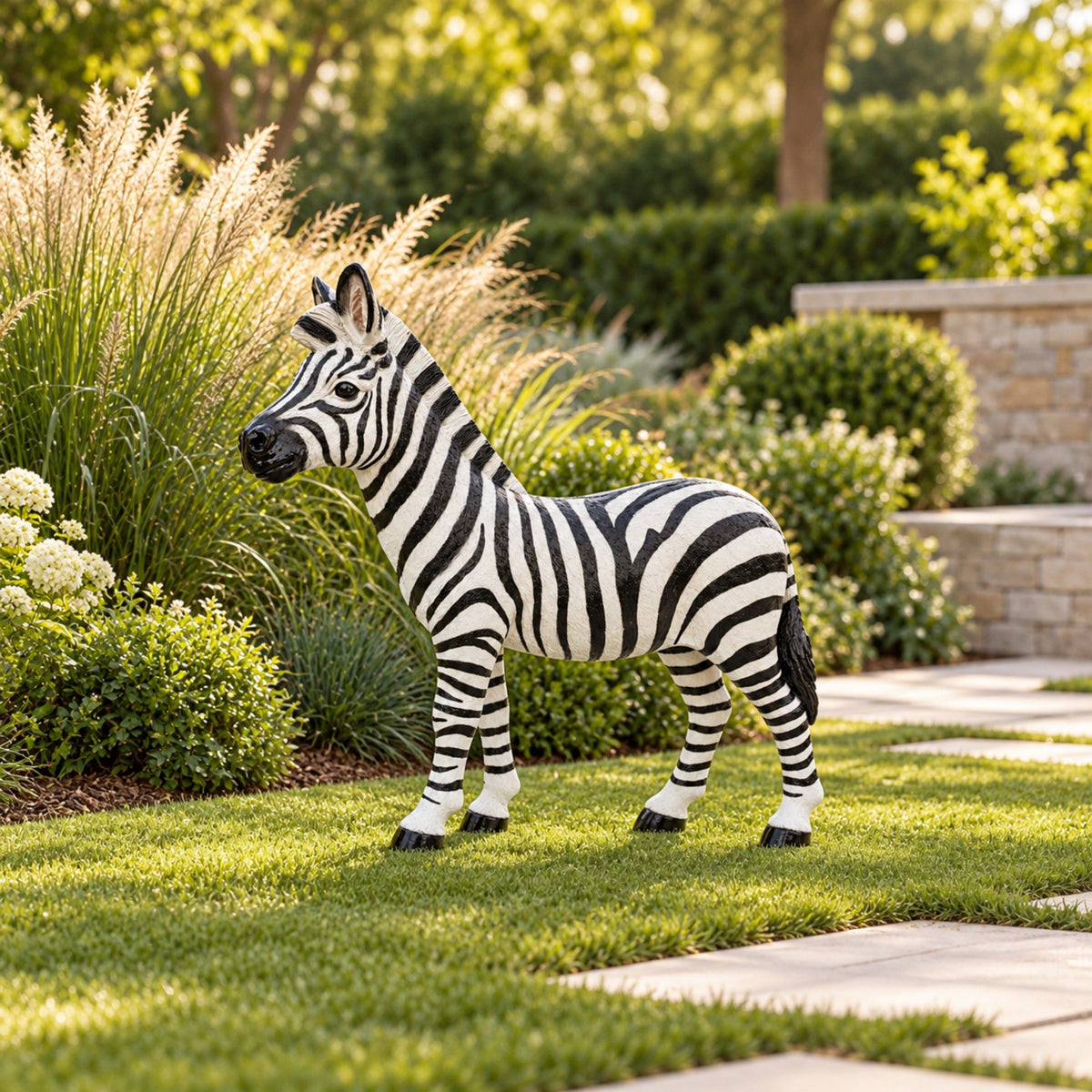 Standing Zebra Garden Statue, Animal Sculpture With 2 Ground Stakes For Outdoor Decor - Black White