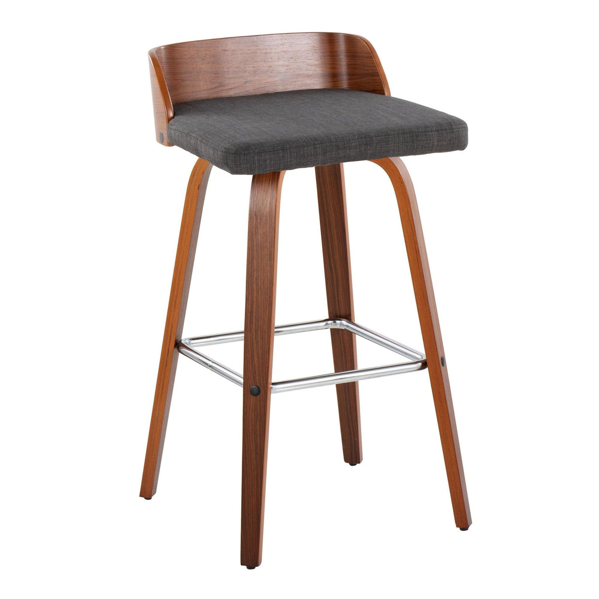 Maya - Mid-Century Modern Fixed-Height Swivel Barstool (Set of 2) - Walnut Wood And Charcoal Fabric With Square Chrome Metal Footrest