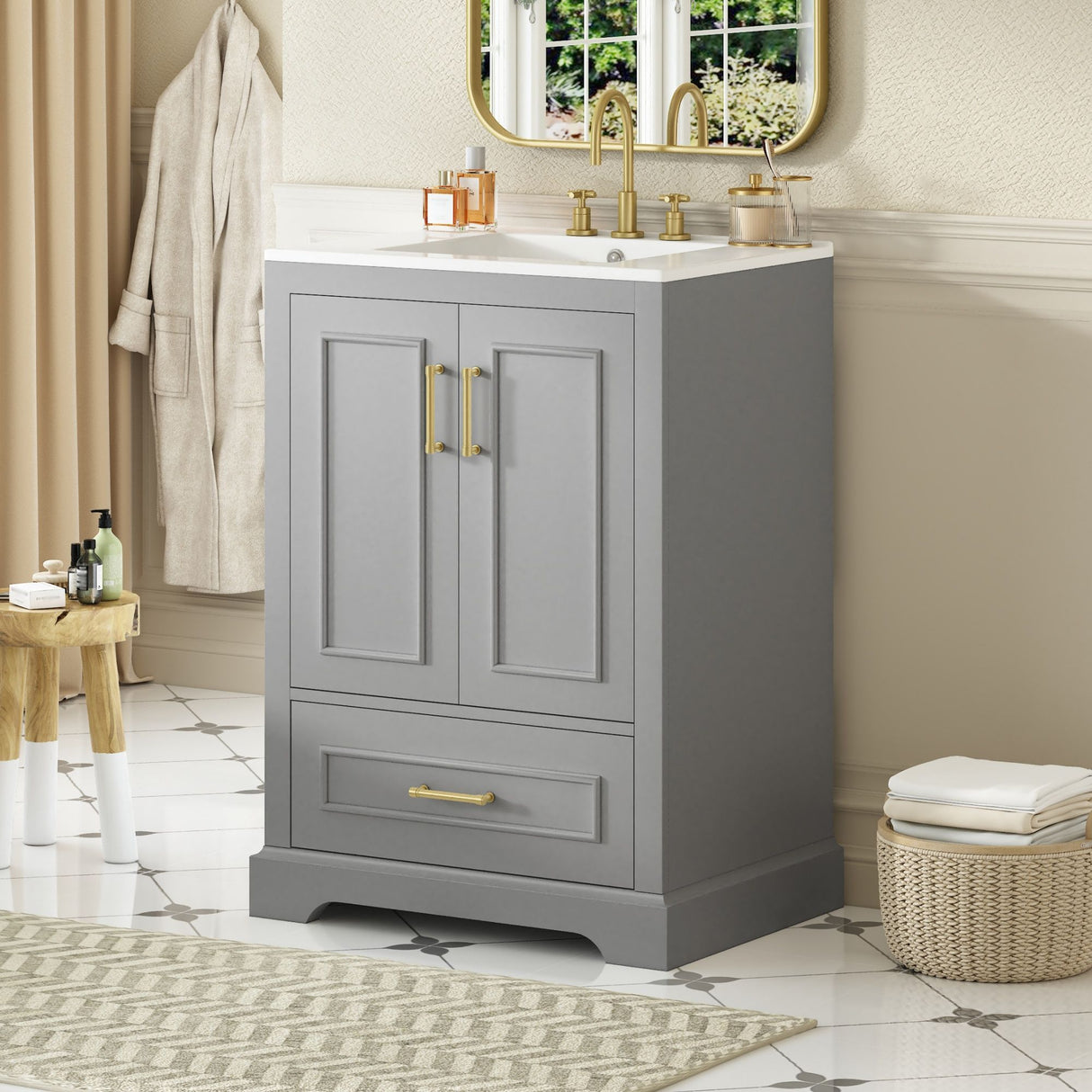 Bathroom Vanity With Sink, 1 Divided Drawer And 2 Soft Close Doors With Double Shelf