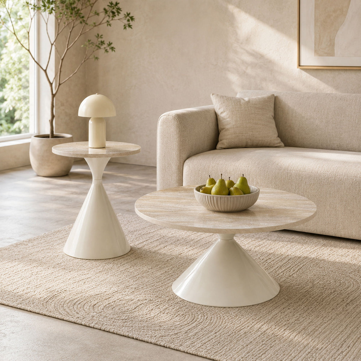 2 Piece Round Coffee Table Set - White