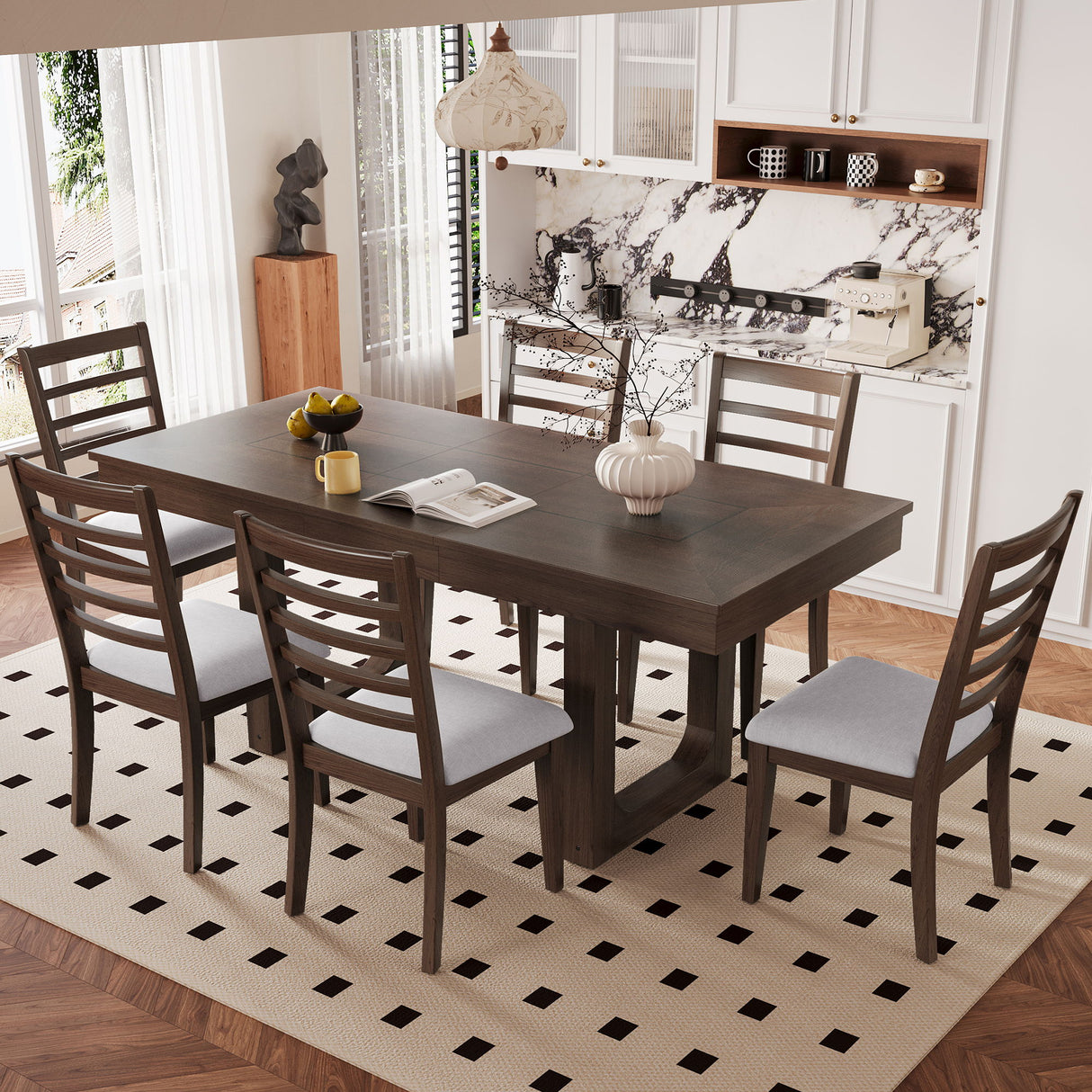 Extendable Dining Set, Farmhouse Extendable Table With Upholstered Chairs