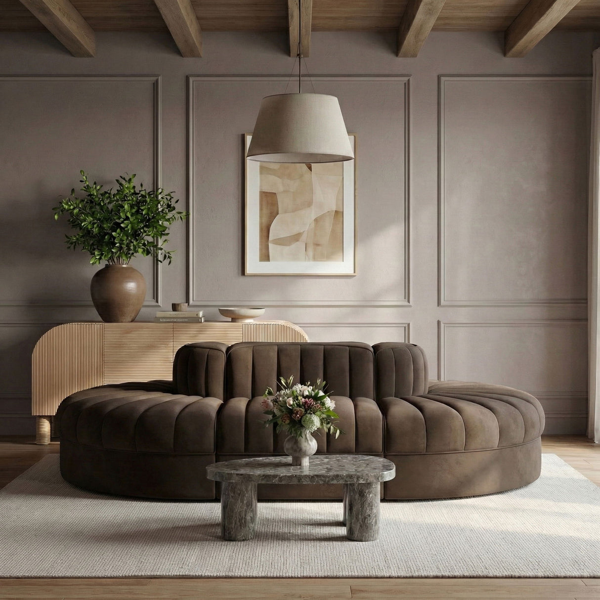 Rummi - Oval Velvet Performance Fabric Upholstered 6 Piece Modular Sectional