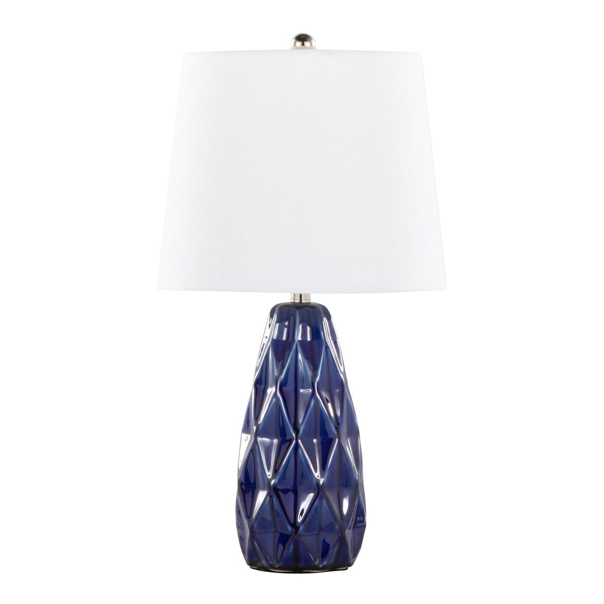 Hex - Contemporary Ceramic Accent Lamp (Set of 2) - Estate Blue Ceramic, Polished Nickel And White Linen Shade From Grandview Gallery