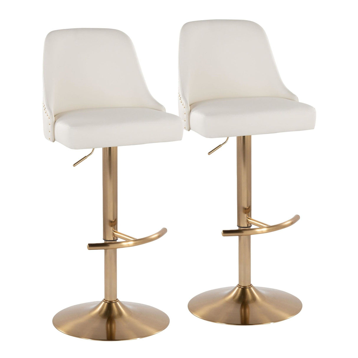 Marcel - Adjustable Barstool With Rounded T Footrest (Set of 2) - Gold Metal And White Faux Leather With Gold Nailhead Trim